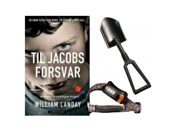 3 krimbøker, hodelykt og spade