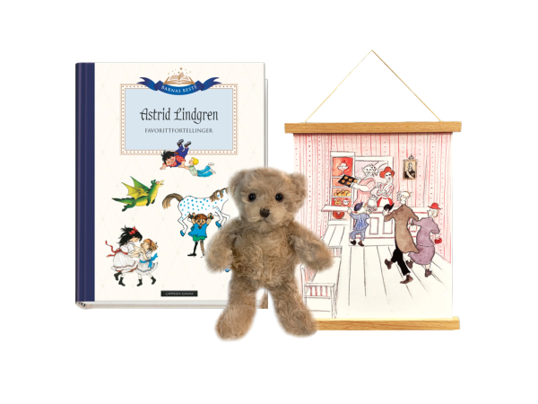 Kosebamse, plakat og Astrid Lindgren bok