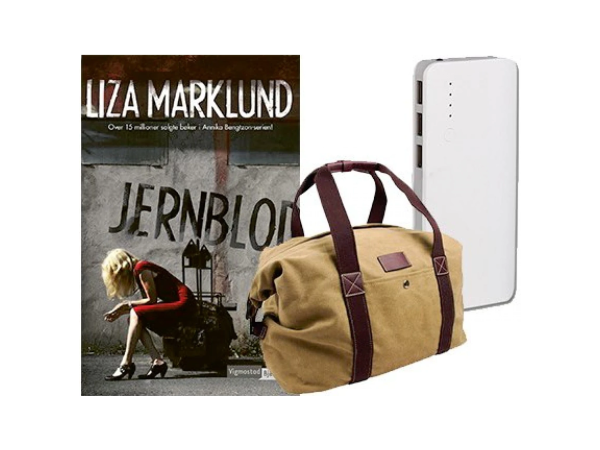 Powerbank, weekend bag og 3 krimbøker